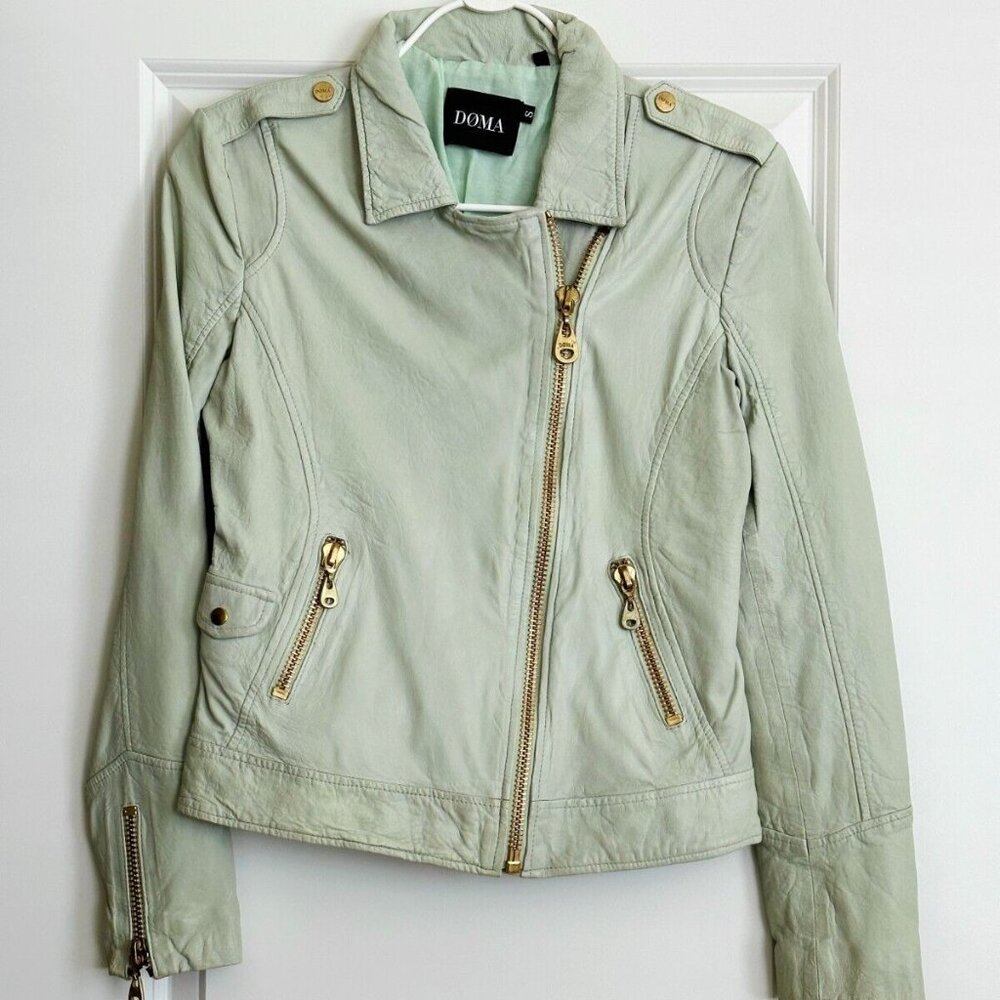 Women's DOMA Mint Green Leather Moto Jacket - Size S